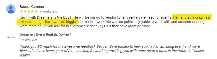 Becca Kammer Google Review for Dreamers Event Rentals