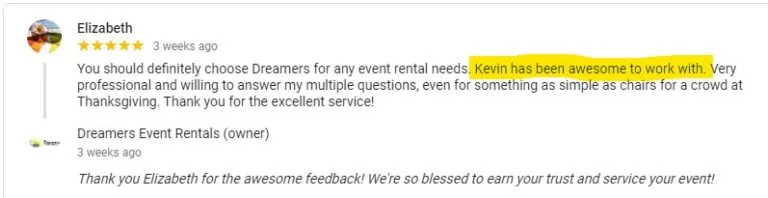 Positive Google Review from Elizabeth for Dreamers Event Rentals