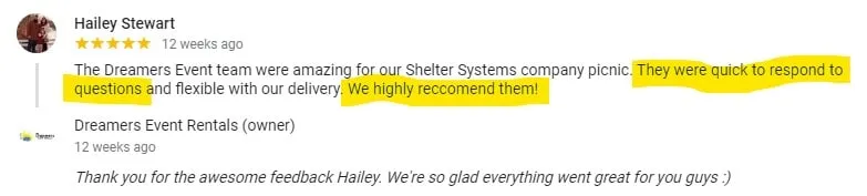 Hailey Stewart Google Review of Dreamers Event Rentals