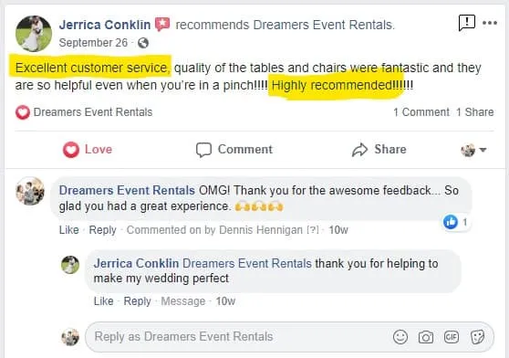 Jerrica Conklin Facebook Review for Dreamers Event Rentals