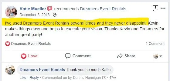 Katie Mueller Facebook Review for Dreamers Event Rentals