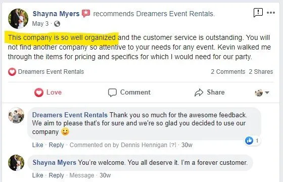 Shayna Myers Facebook Review of Dreamers Event Rentals