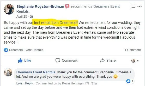 Facebook Review for Dreamers Event Rentals